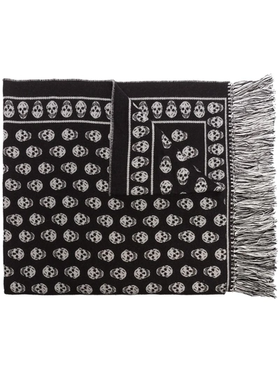 Alexander Mcqueen Fringed Wool And Silk-blend Jacquard Scarf In Black,white