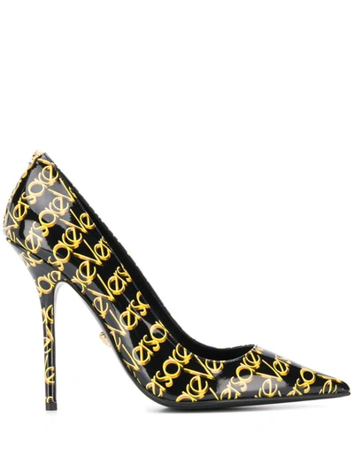 Versace 110mm Logo Patent Leather Pumps In Black