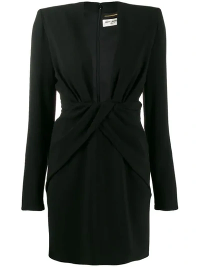 Saint Laurent Ruched Plunge Bodycon Dress In Black