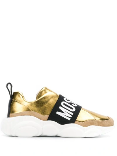 Moschino Slip On Teddy Run In Gold Laminated Leather