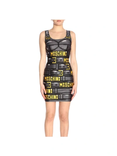 Moschino Capsule Collection Pixel Dress In Technical Fabric With Buckles And Logo Print In Black