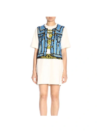 Moschino Capsule Collection Pixel Dress In Cotton With Printed Vest In White