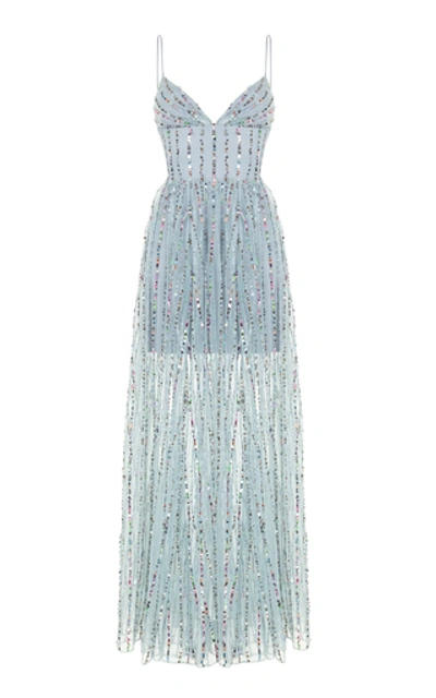 Rasario Sleeveless Sequined Tulle Gown In Blue