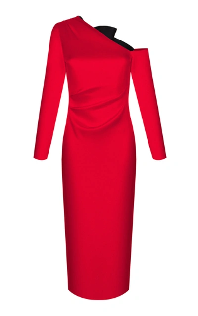 Rasario Bow-accented Draped Satin Midi Dress In Red