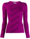 Balenciaga Crewneck Logo Print Rib Knit Sweater In Purple