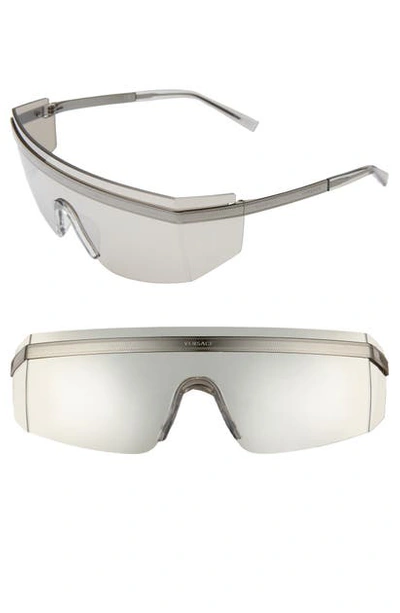 Versace 65mm Shield Wrap Sunglasses In Dark Silver/ Silver Mirror
