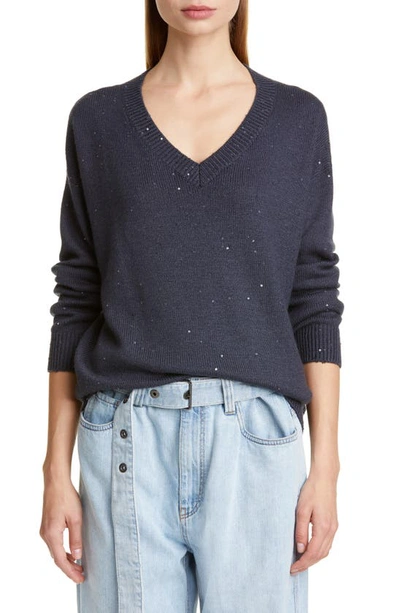 Brunello Cucinelli Cashmere & Silk Paillette V-neck Sweater In Midnight