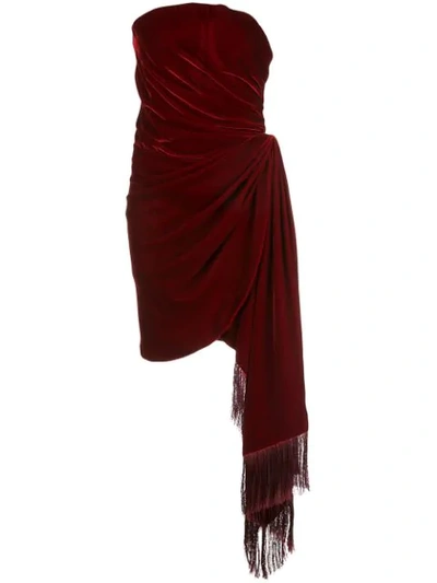 Oscar De La Renta Strapless Fringed Draped Velvet Mini Dress In Red