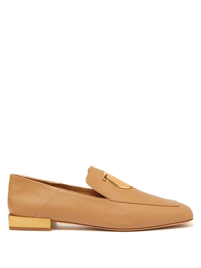 Ferragamo Lana Embellished Leather Collapsible-heel Loafers In Tan