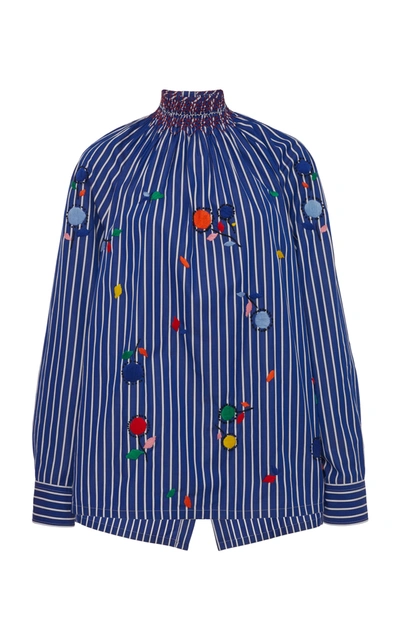 Prada Embroidered Cotton Smocked Top In Stripe