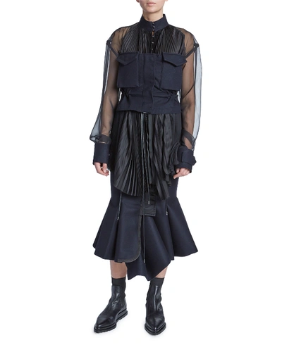 Sacai Poplin-corseted Sheer Silk Blouse In Black