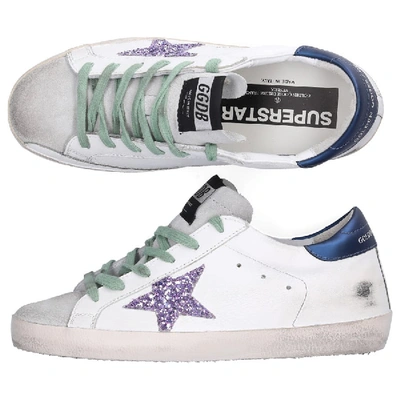 Golden Goose Low-top Sneakers Superstar Calfskin Logo Used Blue Purple White In Purple,white