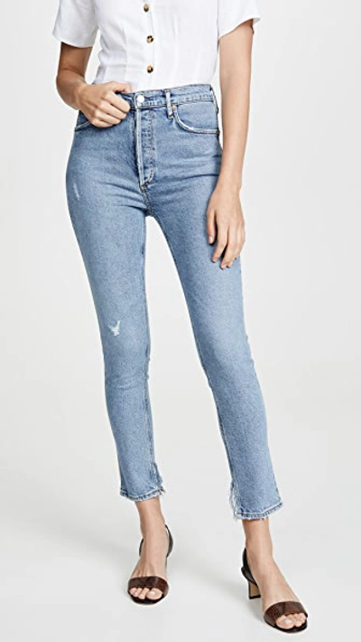 Agolde Nico High-rise Slim-fit Crop Ankle Distressed Jeans In Blue