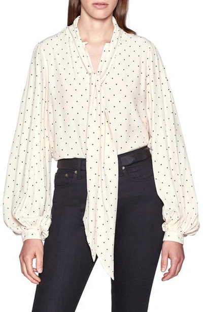 Equipment Cleone Dotted Tie-neck Blouson-sleeve Top In Sand Dollar Black