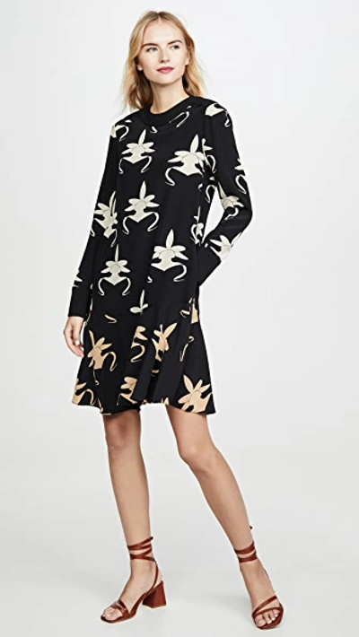 Tibi Ghost Orchid Printed Drop-waist Dress In Black/ Ivory/ Tan Multi