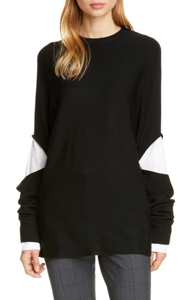 Tibi Double Layer Slit-sleeve Pullover Sweater In Black/ White Multi