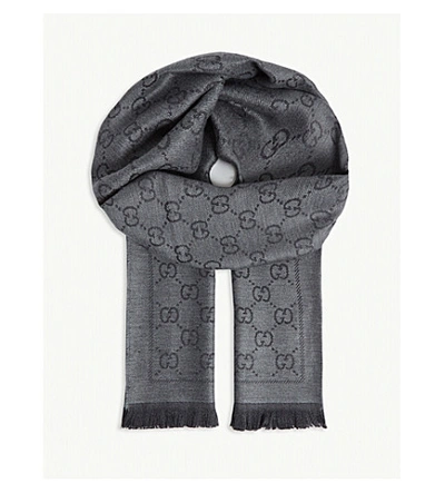 Gucci Gg Pattern Wool Scarf In Anthracite/black