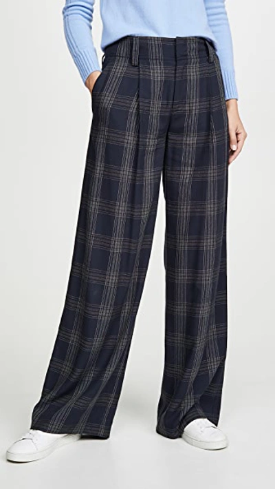 Vince Checked Wide-leg Woven Trousers In Marine