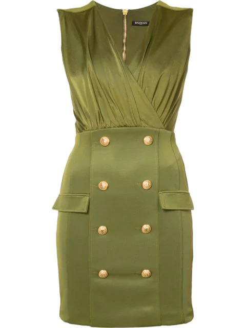 Balmain Sleeveless Draped Button-skirt Dress, Khaki In Green | ModeSens