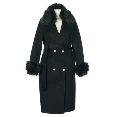 Popski London Black Cashmere Faux Fur Trim Coat In Black Faux