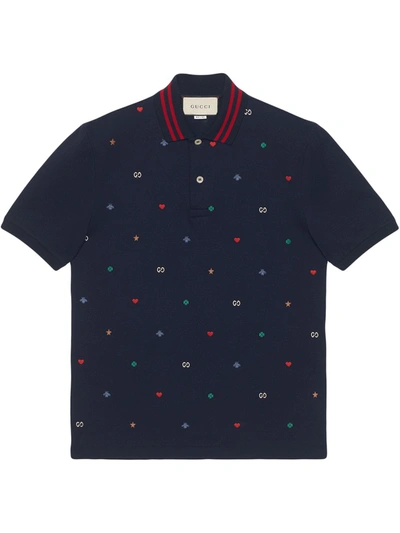 Gucci Navy Embroidered Piqué Cotton Polo Shirt In Blue
