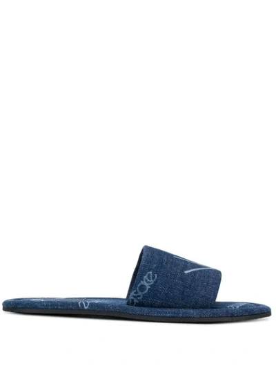 Versace Logomania Print Denim Slides In Dt4b Blue