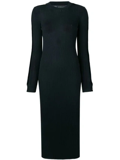 Versace Long Sleeve Wool Rib Midi Sweater Dress In Black