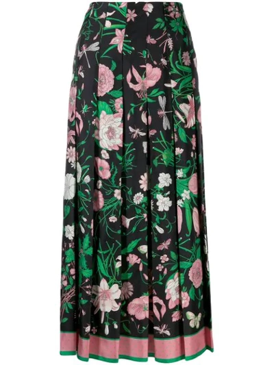 Gucci Pleated Flora Print Silk Twill Skirt In Black
