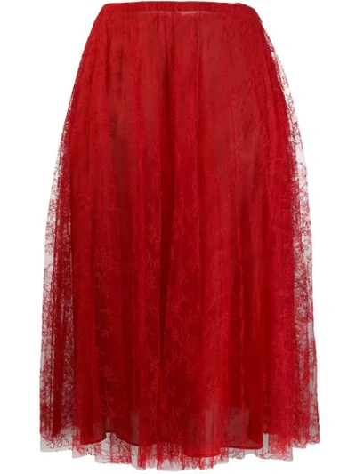 Valentino Pleated Chantilly Lace Skirt In 157 Red