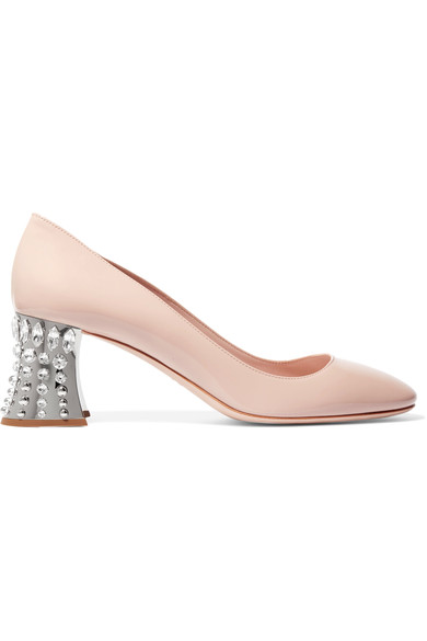 Miu Miu Crystal-Embellished Patent-Leather Pumps In Beige | ModeSens