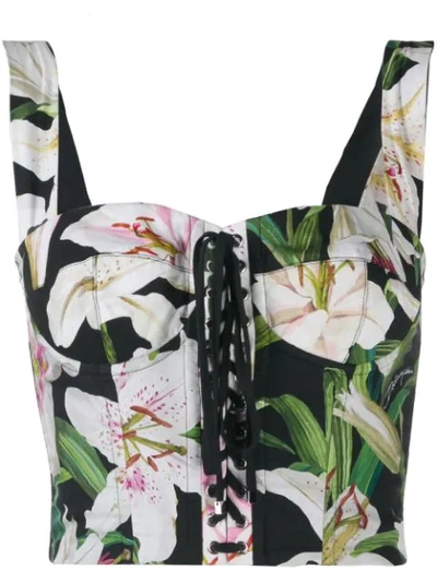 Dolce & Gabbana Lace-up Printed Crepe Bustier Top In Green