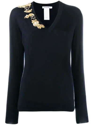 Pre-owned Dior  Bead Embroidery Slim Jumper In Blue