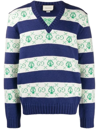 Gucci Gg Lyre Striped Jacquard Knitted Jumper In Blue