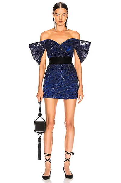 Raisa Vanessa Off The Shoulder Draped Tulle Mini Dress In Navy