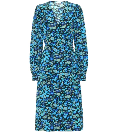 Ganni Women's Floral Silk Blend Wrap Dress In Blue