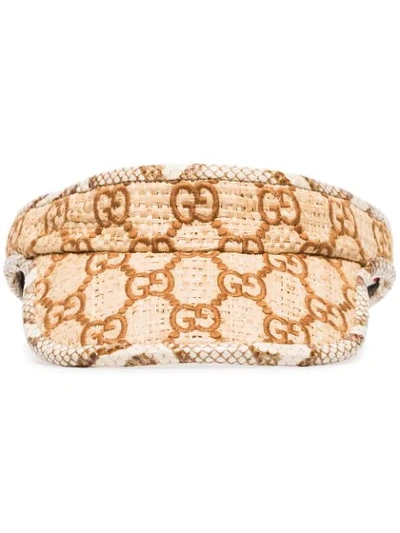 Gucci Gg-embroidered Watersnake-trim Raffia Visor In Neutrals