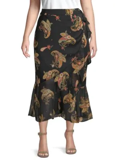 Vince Camuto Plus Paisley-print Ruffled Wrap Skirt In Rich Black