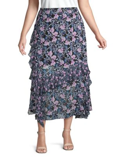 Vince Camuto Plus Botanical-print Ruffled Midi Skirt In Classic Navy