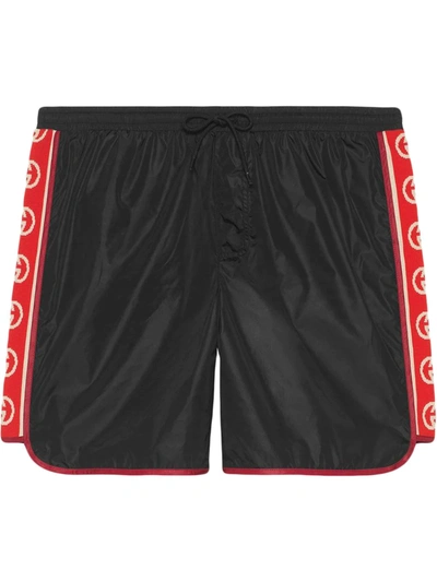 Gucci Slim-fit Mid-length Logo Webbing-trimmed Swim Shorts In Black