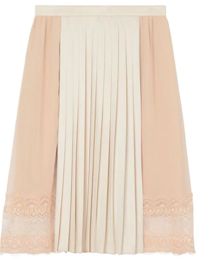 Burberry Lace Detail Silk Panel Pleated Skirt In Pink