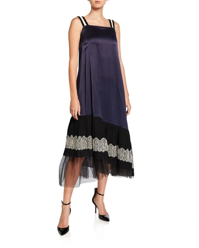 Adeam Satin Lace-up Pleated Slip Dress In Blue