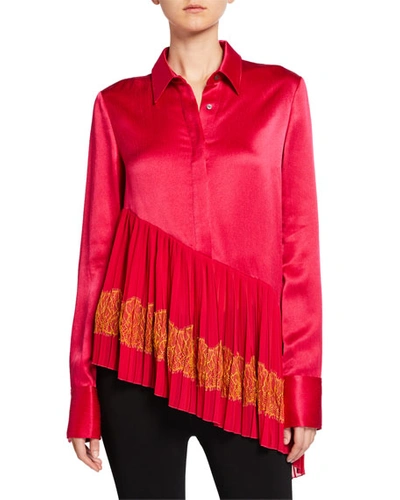 Adeam Silk Pleated Lace-hem Shirt In Fuchsia