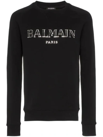 Balmain Men's Metallic Logo Crewneck Sweatshirt In Black