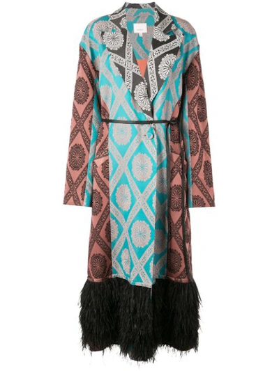 Cinq À Sept Phoebe Printed Coat With Ostrich Feathers In Blue