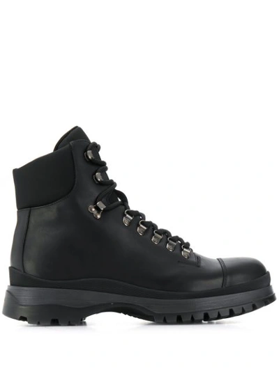 Prada Men's Lace-up Leather Hiker Boots In Black