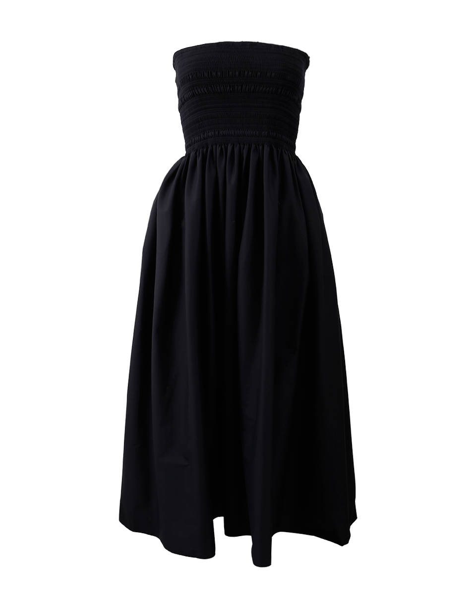 black strapless tea length dress