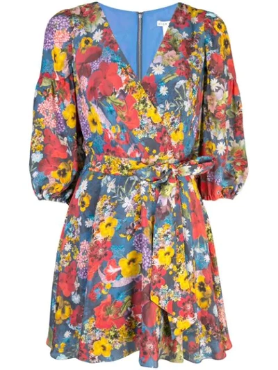 Alice And Olivia Kerri Floral-print Silk Crepe De Chine Wrap-effect Mini Dress In Blue