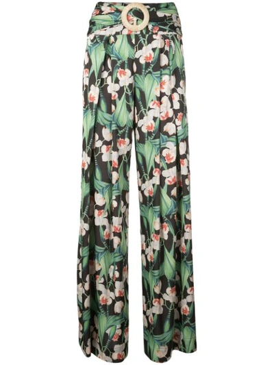 Patbo Belted Pleated Floral-print Satin Wide-leg Pants In Black