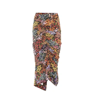 Preen By Thornton Bregazzi Aaliyah Ruched Floral-print Stretch-crepe Midi Skirt In Black