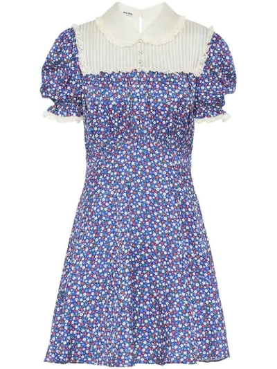 Miu Miu Lace-trimmed Floral-print Silk-satin And Silk-georgette Mini Dress In Bluette